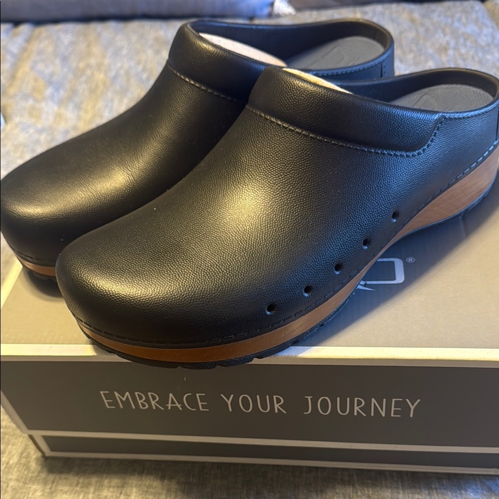 Black Leather Clogs with Wooden Sole